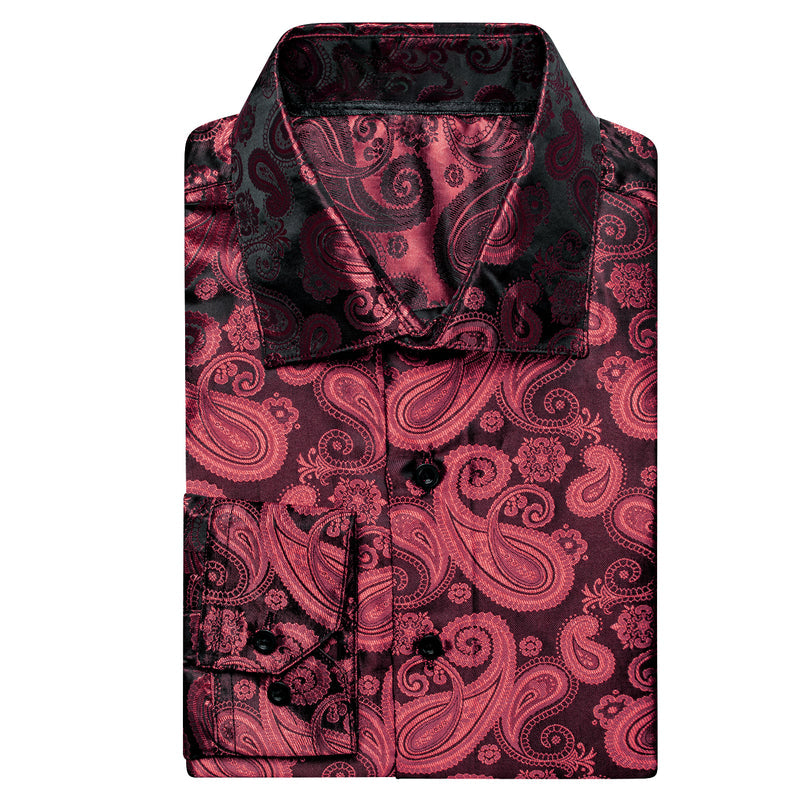 Dark Red Paisley Pattern Silk Dress Shirt shirt    - Sophisticated Gentlemen