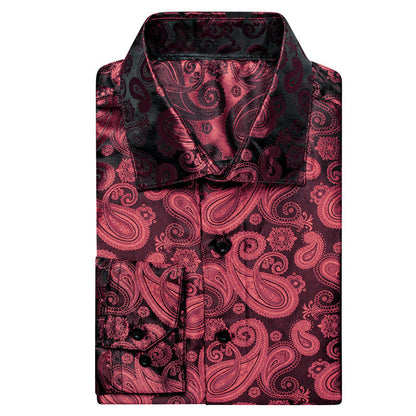 Dark Red Paisley Pattern Silk Dress Shirt shirt    - Sophisticated Gentlemen