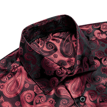 Dark Red Paisley Pattern Silk Dress Shirt shirt    - Sophisticated Gentlemen