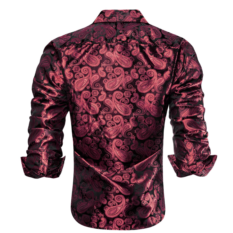 Dark Red Paisley Pattern Silk Dress Shirt shirt    - Sophisticated Gentlemen
