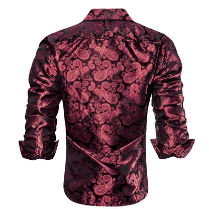Dark Red Paisley Pattern Silk Dress Shirt shirt    - Sophisticated Gentlemen