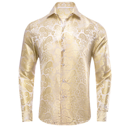 Champagne Beige Paisley Pattern Silk Dress Shirt shirt S   - Sophisticated Gentlemen