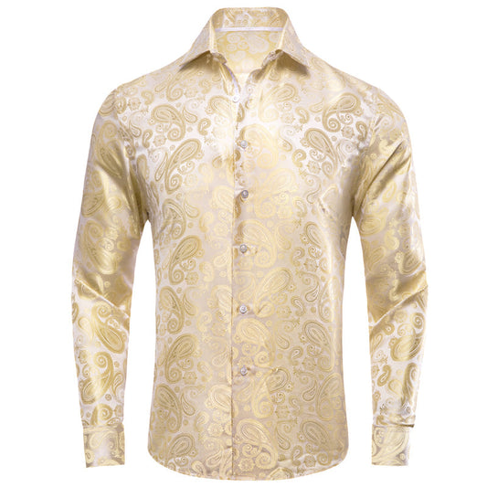 Champagne Beige Paisley Pattern Silk Dress Shirt shirt S   - Sophisticated Gentlemen