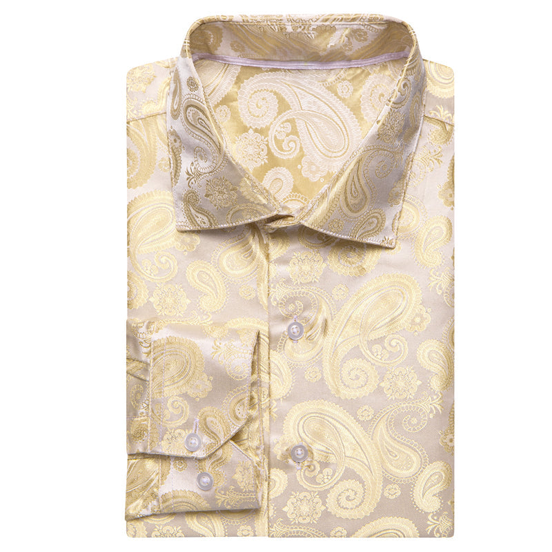 Champagne Beige Paisley Pattern Silk Dress Shirt shirt    - Sophisticated Gentlemen