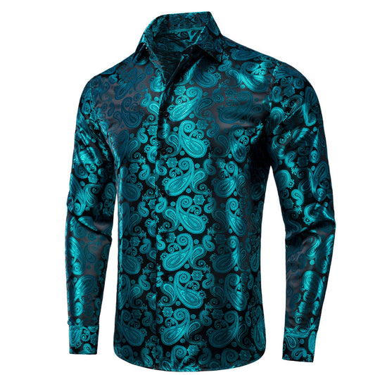 Luxury Lake Blue Paisley Pattern Silk Dress Shirt shirt S   - Sophisticated Gentlemen