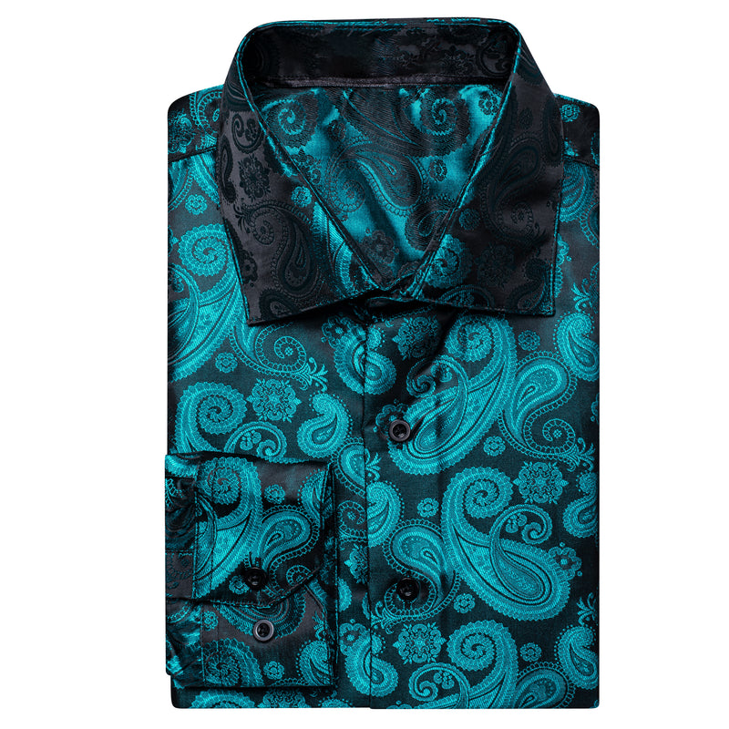 Luxury Lake Blue Paisley Pattern Silk Dress Shirt shirt    - Sophisticated Gentlemen