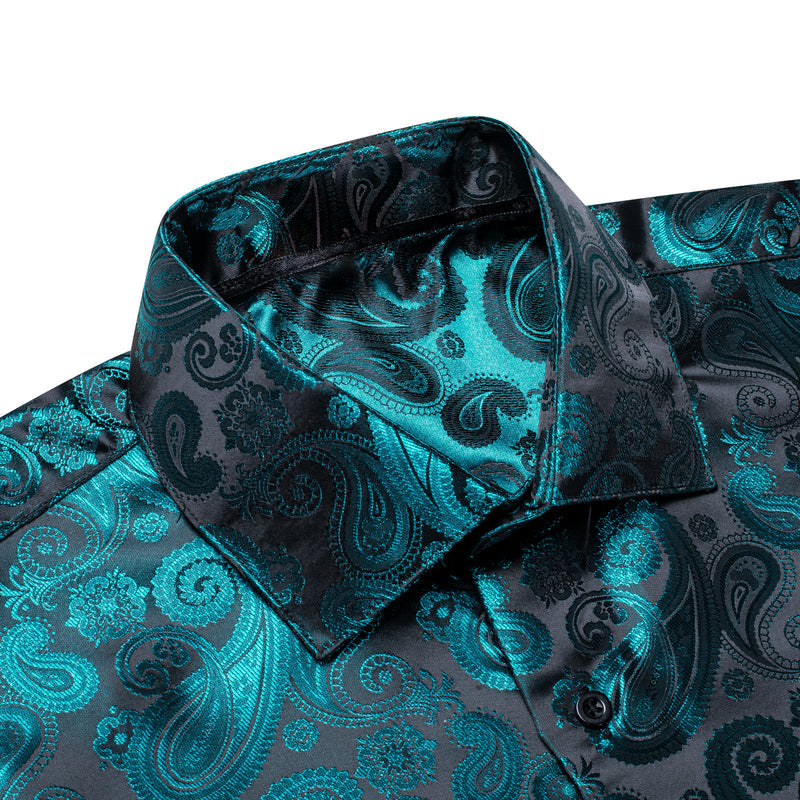 Luxury Lake Blue Paisley Pattern Silk Dress Shirt shirt    - Sophisticated Gentlemen