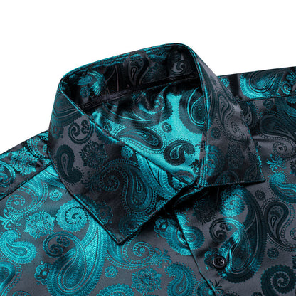 Luxury Lake Blue Paisley Pattern Silk Dress Shirt shirt    - Sophisticated Gentlemen