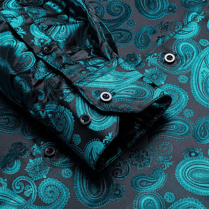 Luxury Lake Blue Paisley Pattern Silk Dress Shirt shirt    - Sophisticated Gentlemen