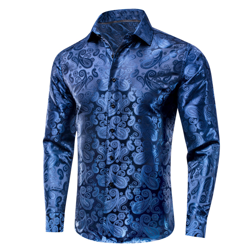 Classic Blue Paisley Pattern Silk Dress Shirt shirt S   - Sophisticated Gentlemen