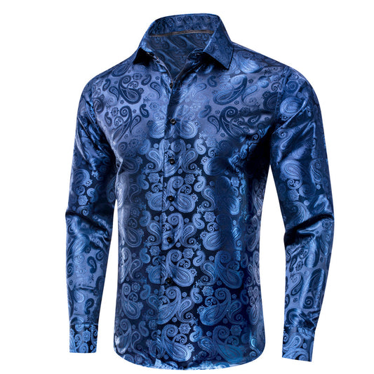 Classic Blue Paisley Pattern Silk Dress Shirt shirt S   - Sophisticated Gentlemen