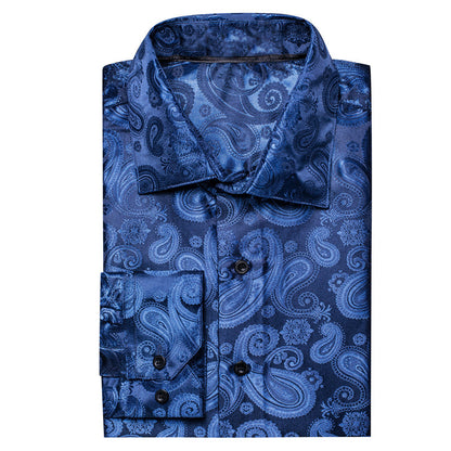 Classic Blue Paisley Pattern Silk Dress Shirt shirt    - Sophisticated Gentlemen