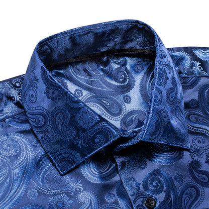 Classic Blue Paisley Pattern Silk Dress Shirt shirt    - Sophisticated Gentlemen