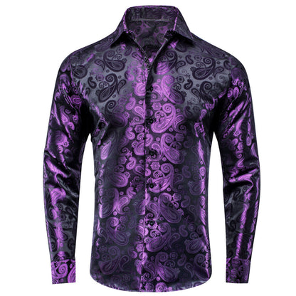Luxury Purple Paisley Pattern Silk Dress Shirt shirt    - Sophisticated Gentlemen