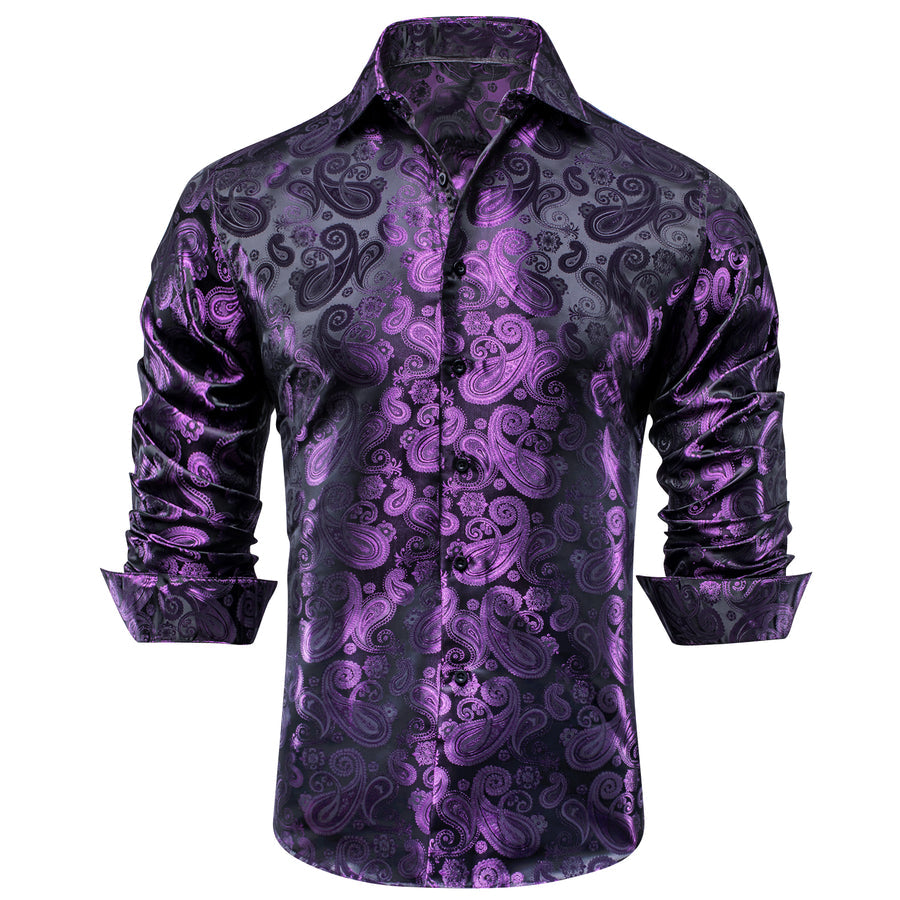Luxury Purple Paisley Pattern Silk Dress Shirt shirt    - Sophisticated Gentlemen