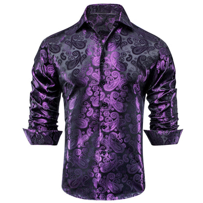 Luxury Purple Paisley Pattern Silk Dress Shirt shirt    - Sophisticated Gentlemen