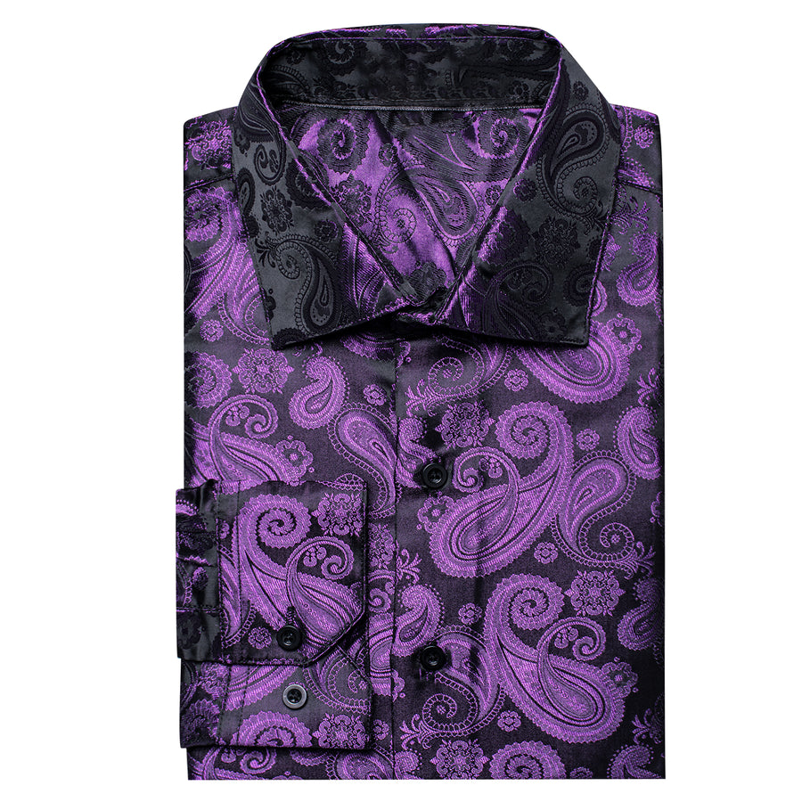 Luxury Purple Paisley Pattern Silk Dress Shirt shirt    - Sophisticated Gentlemen