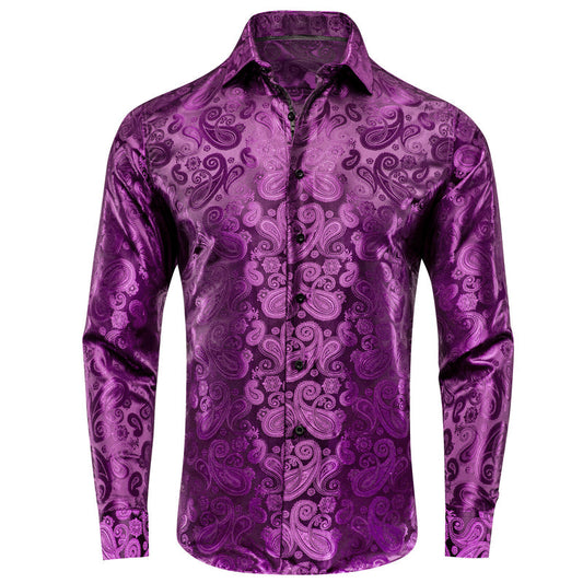 Purple Paisley Pattern Silk Dress Shirt shirt S   - Sophisticated Gentlemen