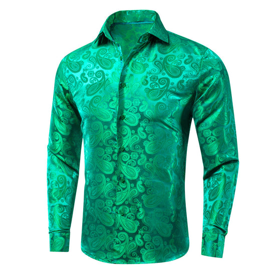 Green Paisley Pattern Silk Dress Shirt shirt S   - Sophisticated Gentlemen