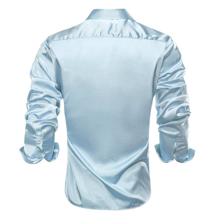 Light Blue Solid Satin Dress Shirt shirt    - Sophisticated Gentlemen