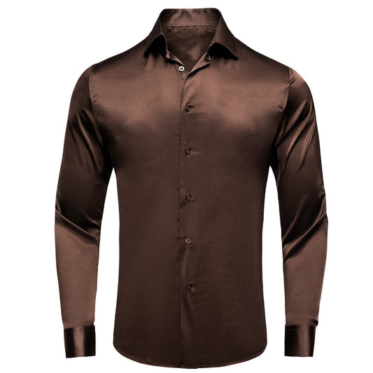 Deep Brown Solid Satin Dress Shirt shirt S   - Sophisticated Gentlemen