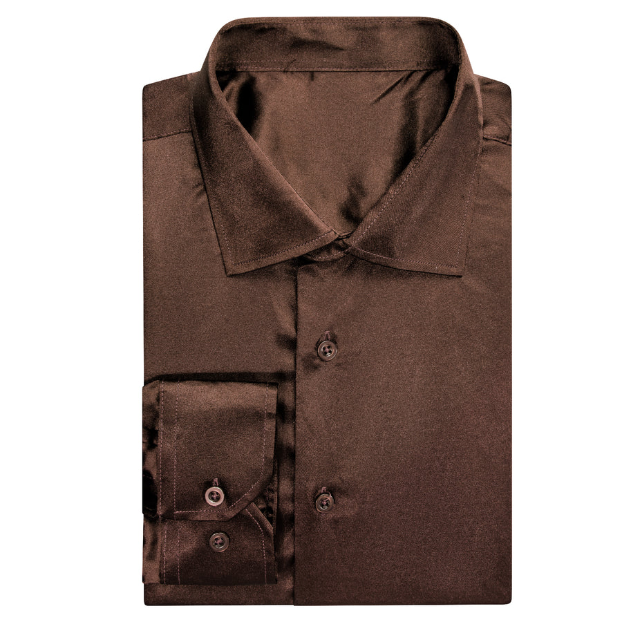 Deep Brown Solid Satin Dress Shirt shirt    - Sophisticated Gentlemen