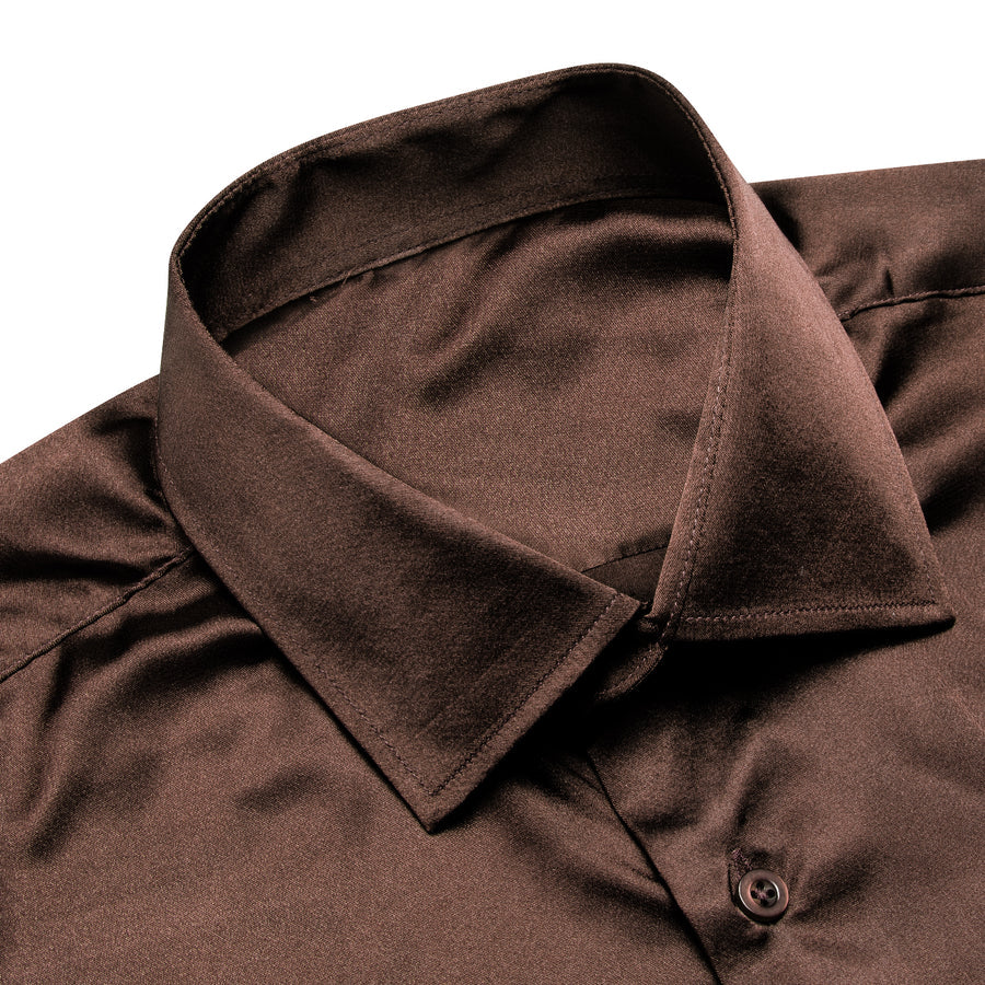 Deep Brown Solid Satin Dress Shirt shirt    - Sophisticated Gentlemen