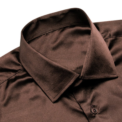 Deep Brown Solid Satin Dress Shirt shirt    - Sophisticated Gentlemen