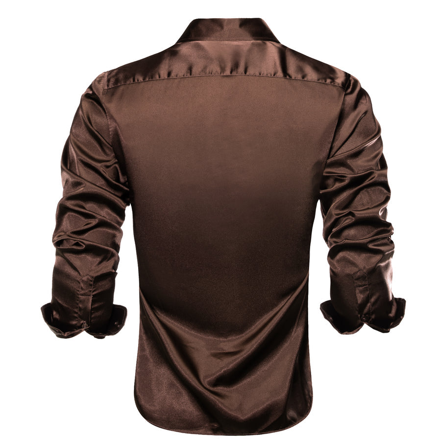 Deep Brown Solid Satin Dress Shirt shirt    - Sophisticated Gentlemen