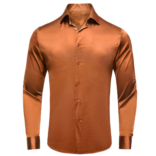 Brown Golden Solid Satin Dress Shirt shirt S   - Sophisticated Gentlemen