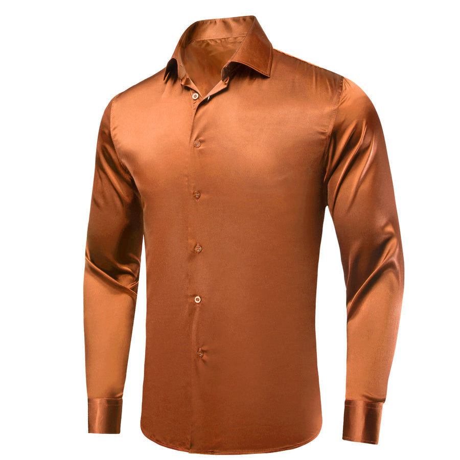Brown Golden Solid Satin Dress Shirt shirt    - Sophisticated Gentlemen