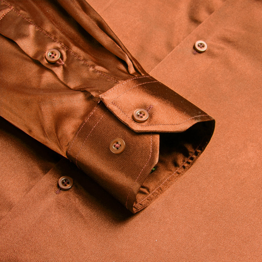 Brown Golden Solid Satin Dress Shirt shirt    - Sophisticated Gentlemen