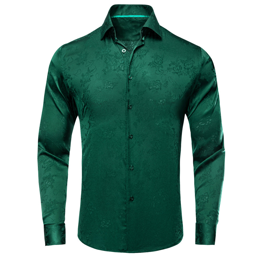 Emerald Green Floral Silk Dress Shirt shirt S   - Sophisticated Gentlemen