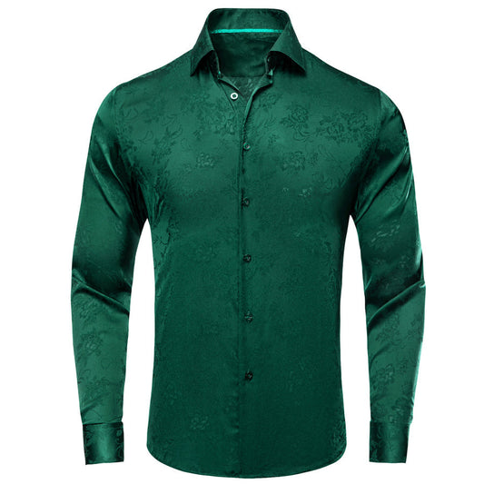 Emerald Green Floral Silk Dress Shirt shirt S   - Sophisticated Gentlemen