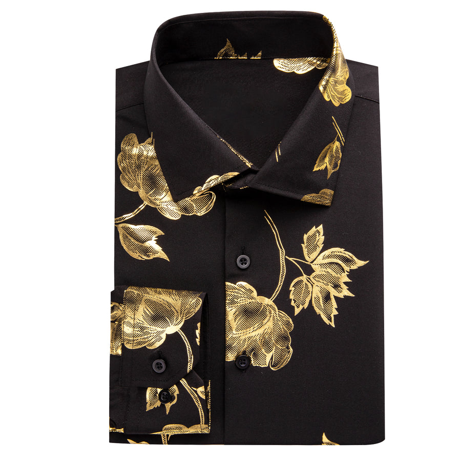 Black Golden Floral Silk Dress Shirt shirt    - Sophisticated Gentlemen