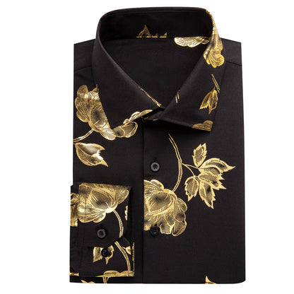 Black Golden Floral Silk Dress Shirt shirt    - Sophisticated Gentlemen