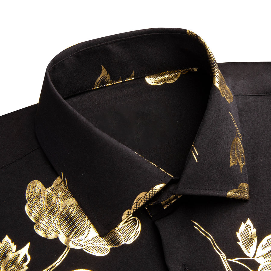 Black Golden Floral Silk Dress Shirt shirt    - Sophisticated Gentlemen