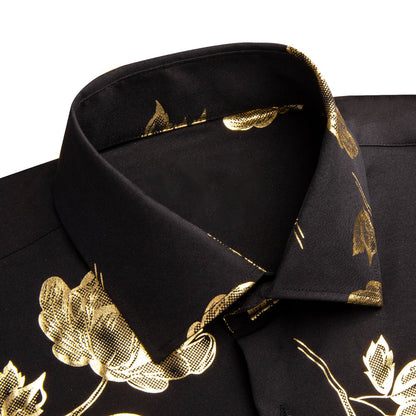 Black Golden Floral Silk Dress Shirt shirt    - Sophisticated Gentlemen