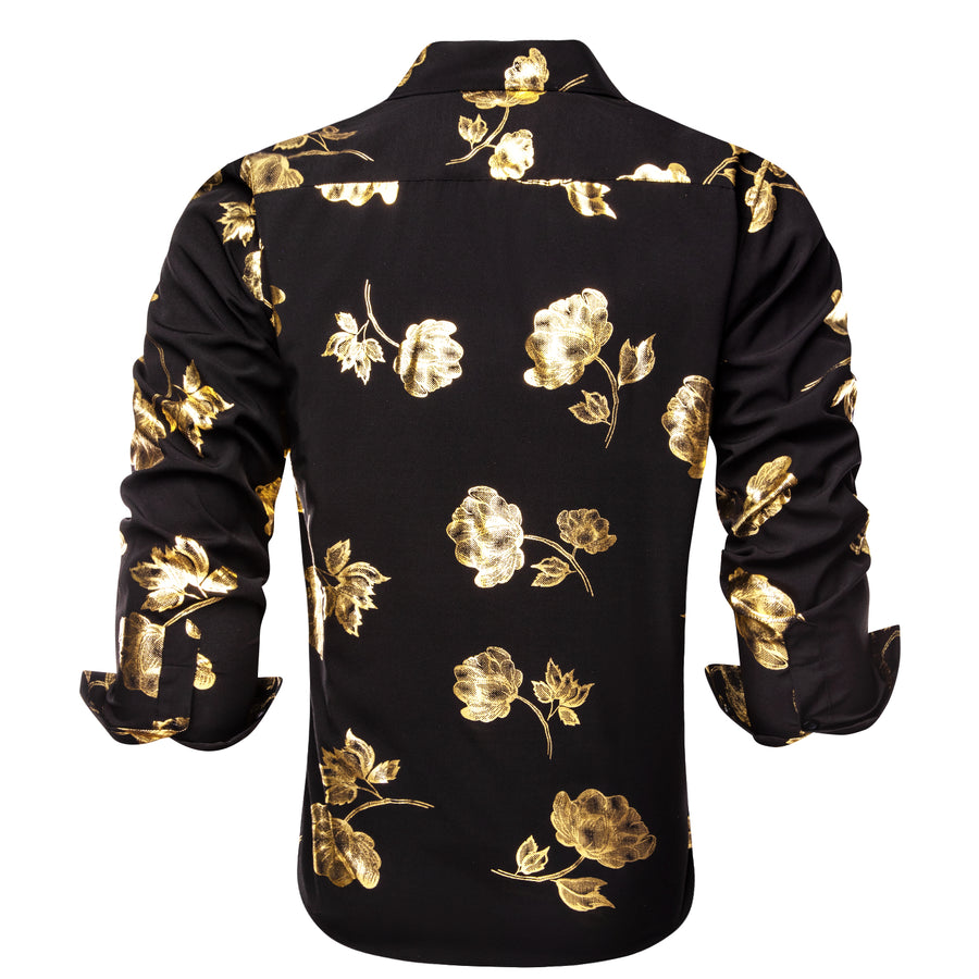 Black Golden Floral Silk Dress Shirt shirt    - Sophisticated Gentlemen