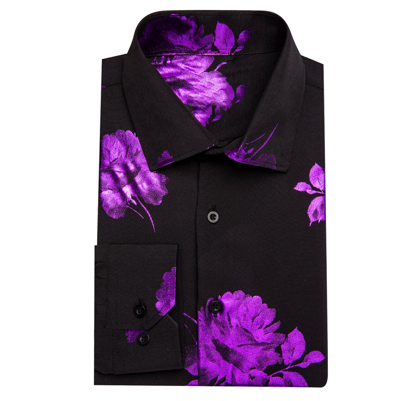 Black Purple Floral Pattern Silk Dress Shirt shirt    - Sophisticated Gentlemen