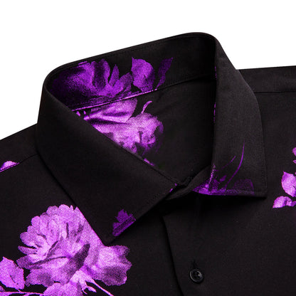 Black Purple Floral Pattern Silk Dress Shirt shirt    - Sophisticated Gentlemen