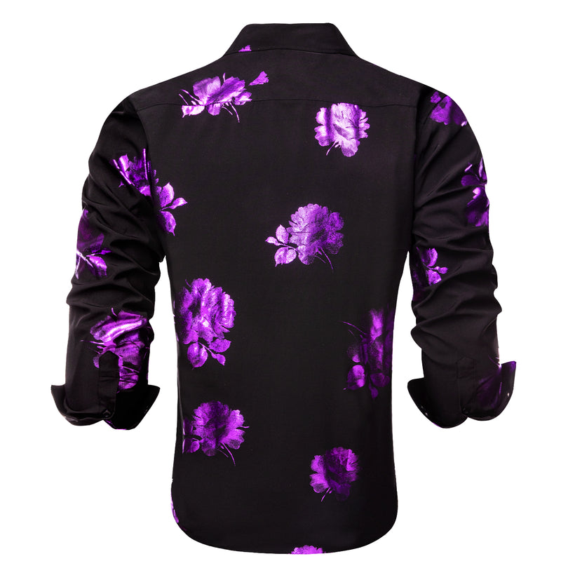 Black Purple Floral Pattern Silk Dress Shirt shirt    - Sophisticated Gentlemen