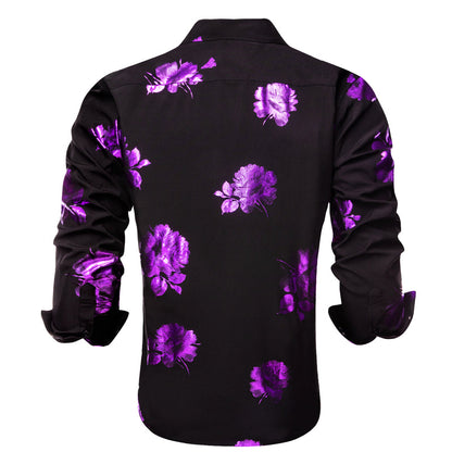 Black Purple Floral Pattern Silk Dress Shirt shirt    - Sophisticated Gentlemen