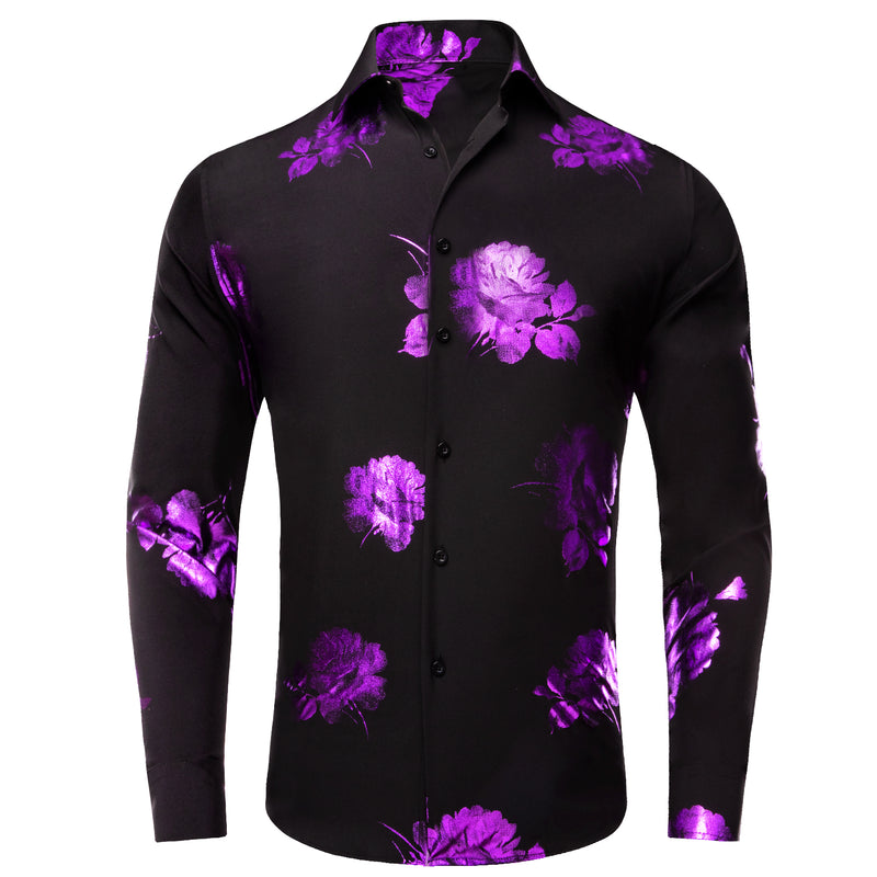 Black Purple Floral Pattern Silk Dress Shirt shirt S   - Sophisticated Gentlemen