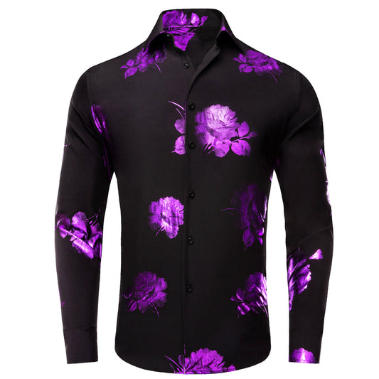 Black Purple Floral Pattern Silk Dress Shirt shirt S   - Sophisticated Gentlemen