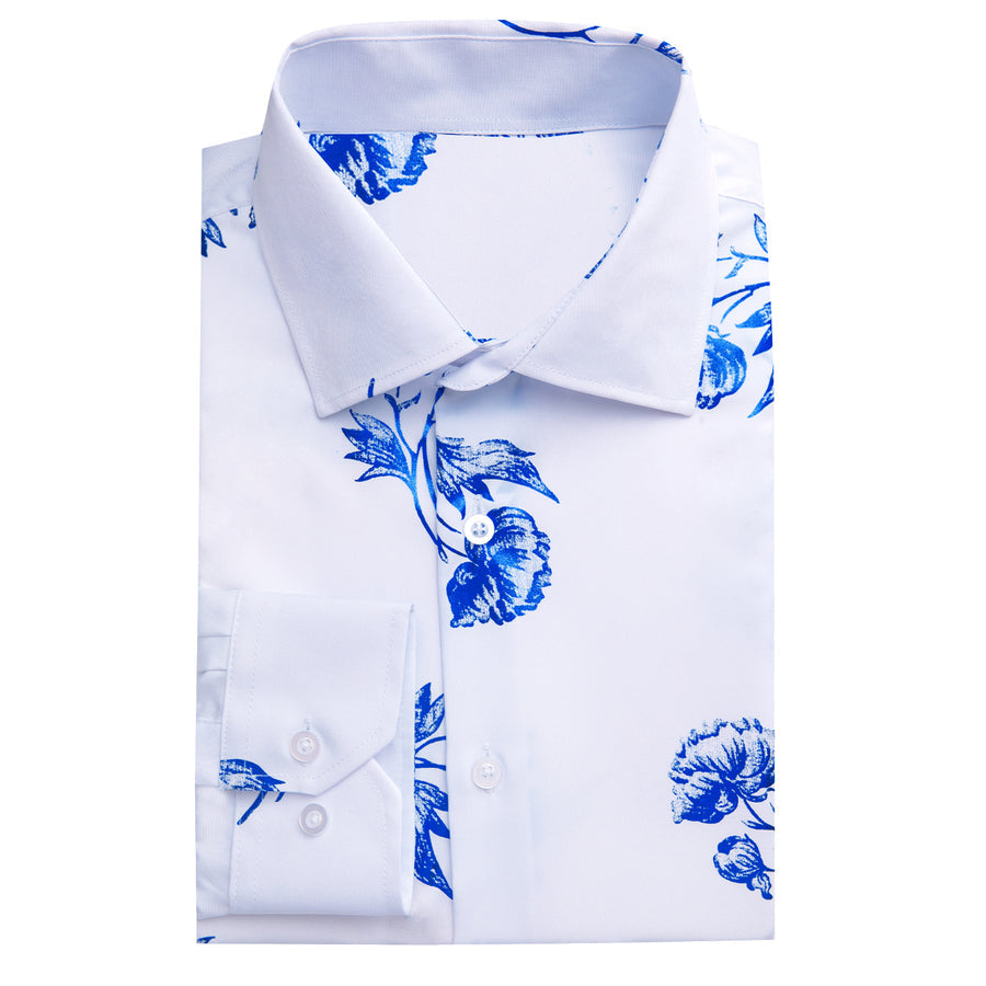 White Blue Floral Silk Dress Shirt shirt    - Sophisticated Gentlemen