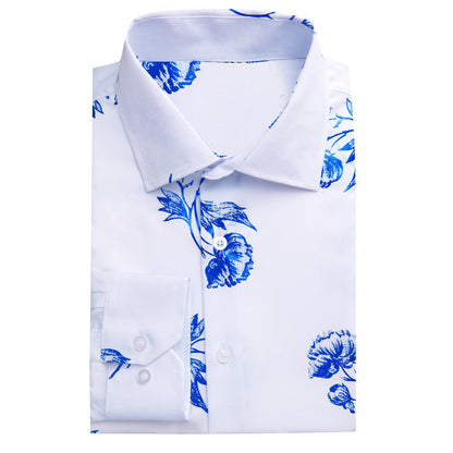 White Blue Floral Silk Dress Shirt shirt    - Sophisticated Gentlemen