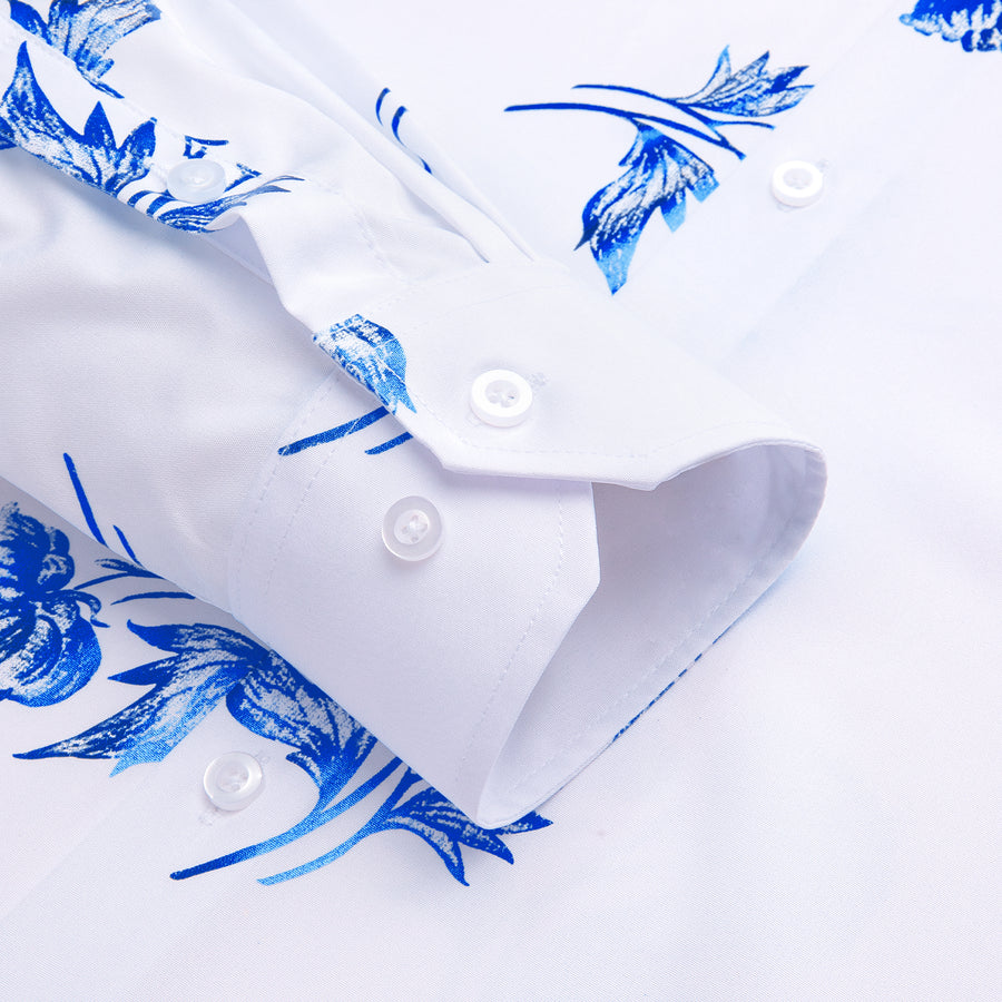 White Blue Floral Silk Dress Shirt shirt    - Sophisticated Gentlemen