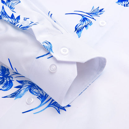 White Blue Floral Silk Dress Shirt shirt    - Sophisticated Gentlemen