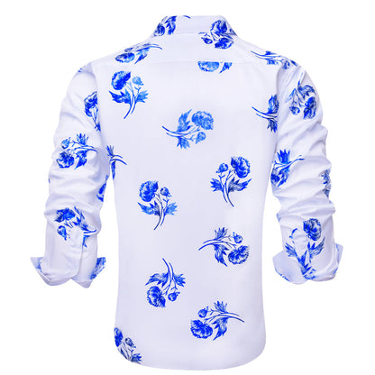 White Blue Floral Silk Dress Shirt shirt    - Sophisticated Gentlemen